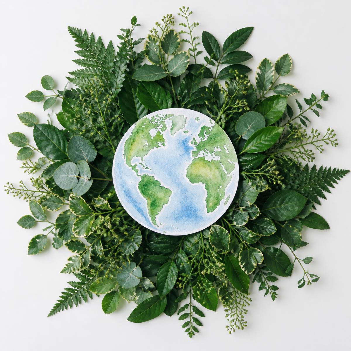 Wreath of green foliage surrounding a watercolour globe of the Earth